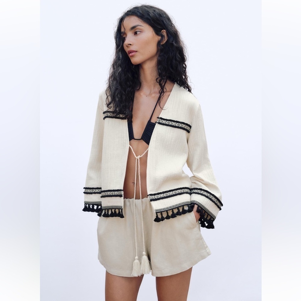 New ZARA Fringed Cuffs Passementerie Long Sleeve Jacket